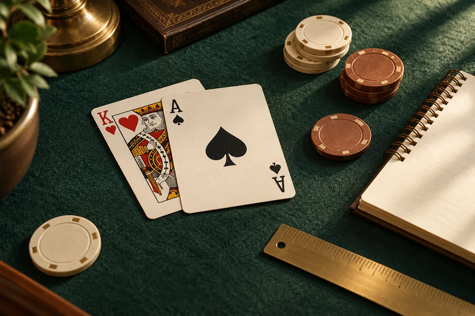 Cartas y fichas sobre una mesa verde